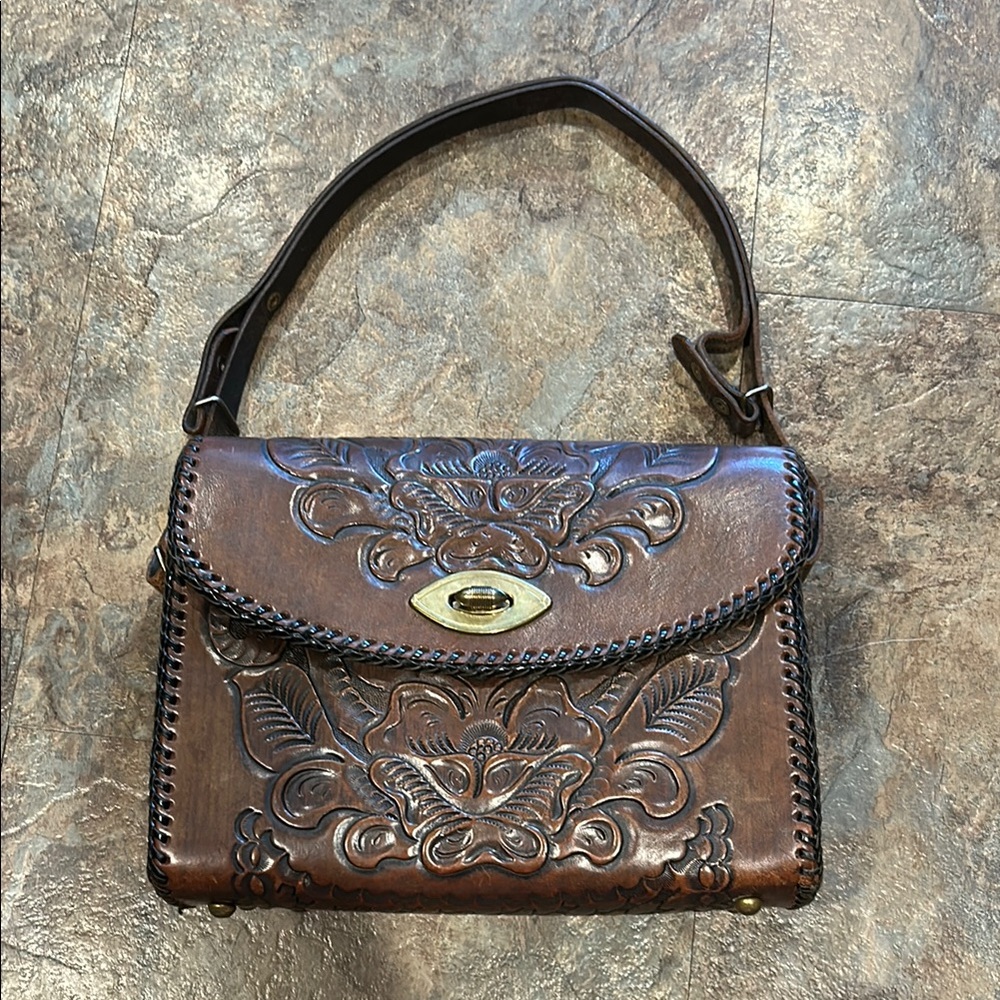 Artisanal Brown Tooled Leather Shoulder Bag